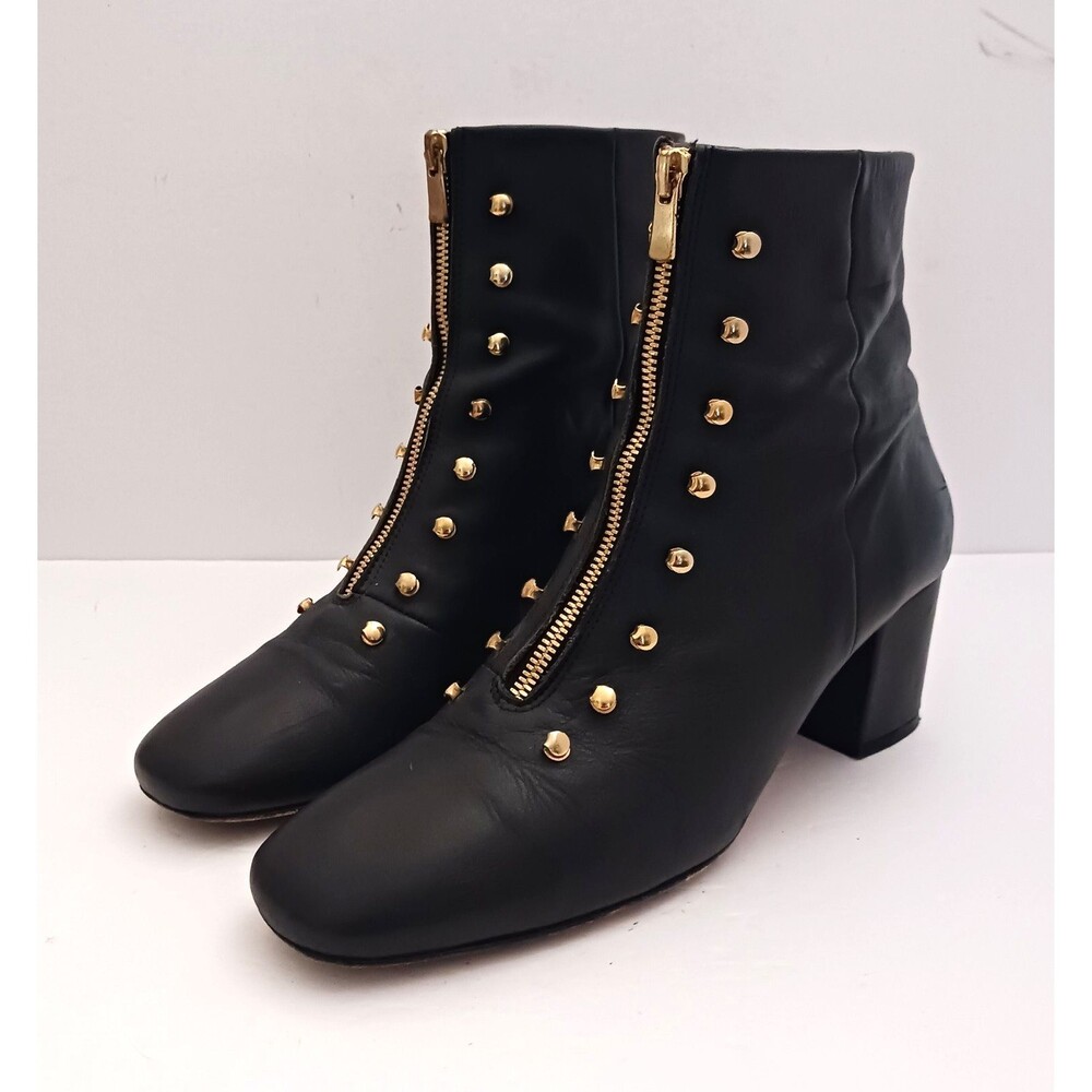 An Hour and A Shower Blk Leather Bootie Gold Studs Zipper Block Heel 40 US 9 - Picture 2 of 11